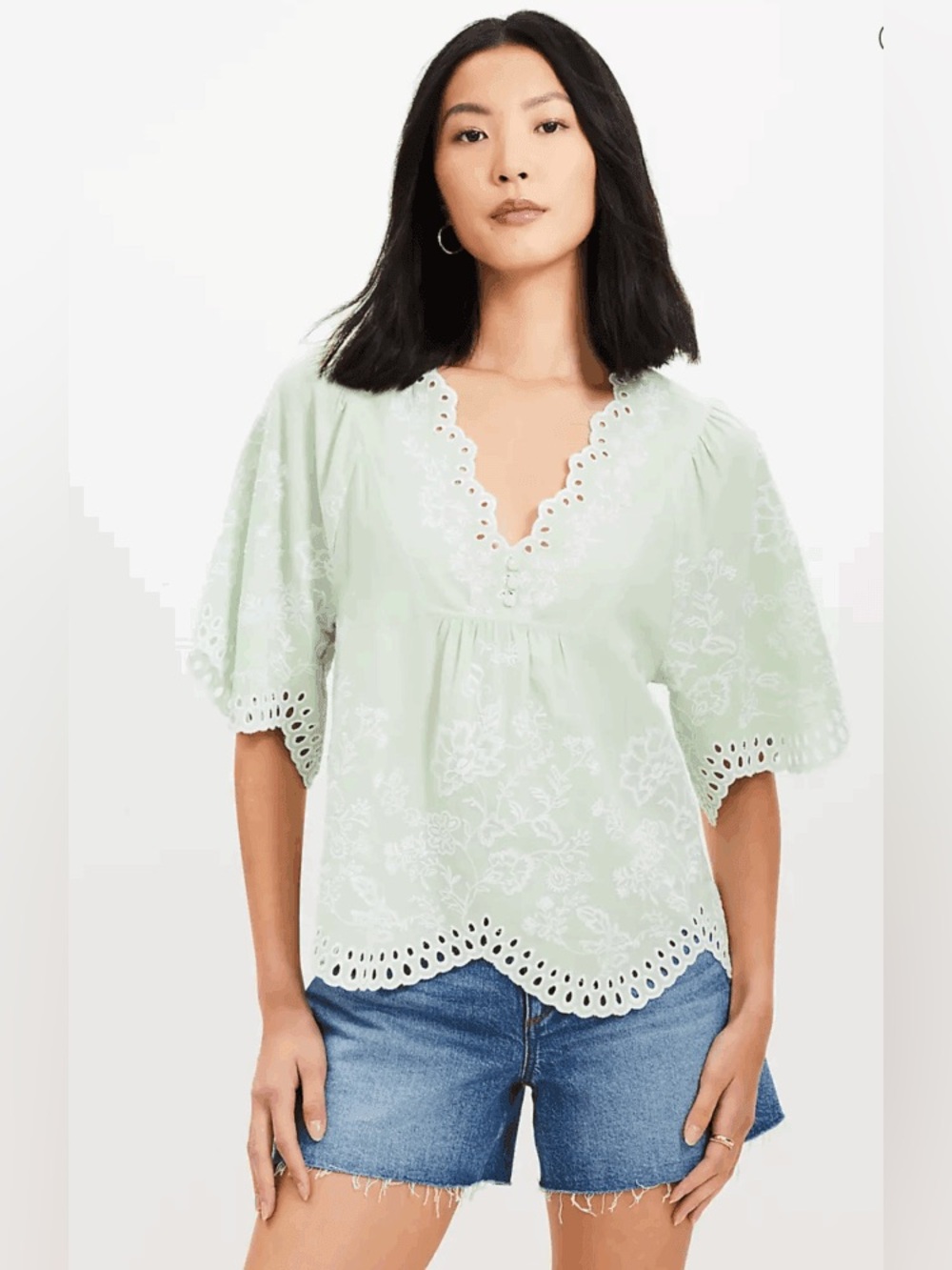 LOFT NWT❗️Mint Green Embroidered Lace-Trim Blouse